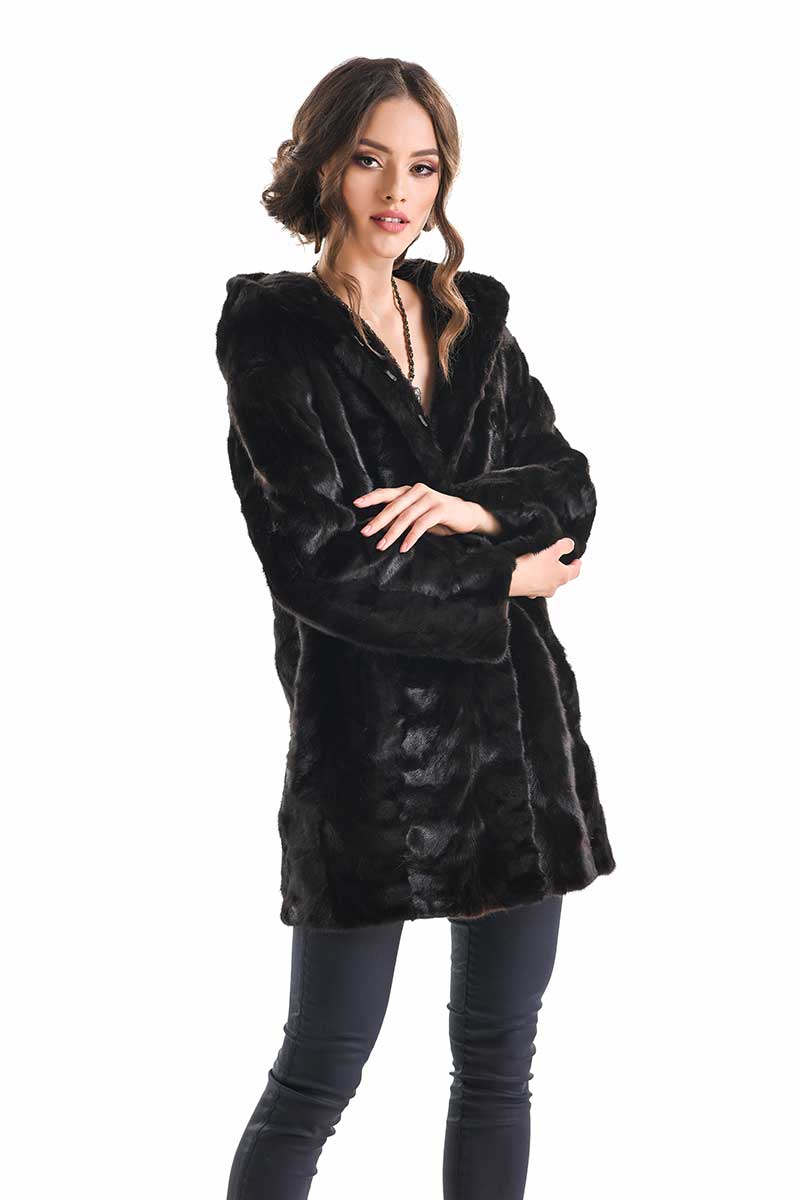 Dark Brown Hooded Genuine Mink Fur Coat with Leather Belt