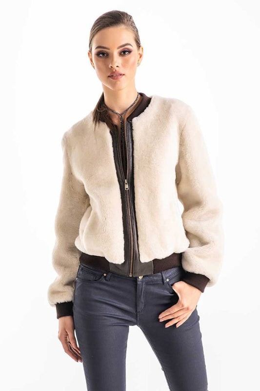 Beige Natural Sheepskin Mouton Fur Jacket