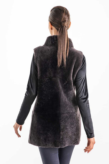 Gray Reversible Geniune Nappa Lamb Leather Mouton Fur Vest