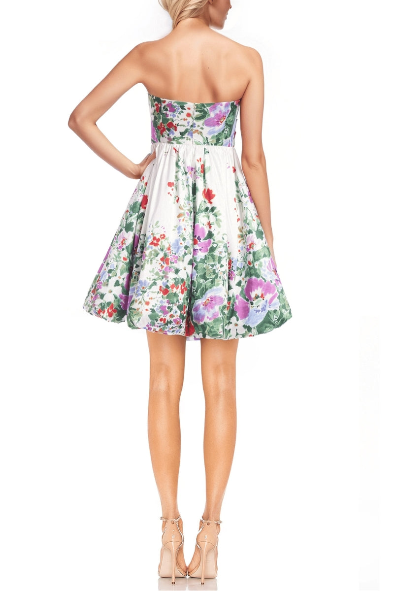 Badgley Mischka Bright Floral Print Strapless Shoulder-Baring Neckline Fitted Bodice Cinched Waist Bubble Hem Mini Dress-2
