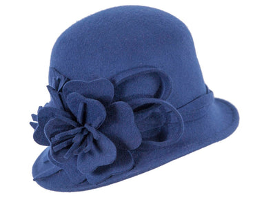 Blue felt winter hat with flower by Max Alexander-1