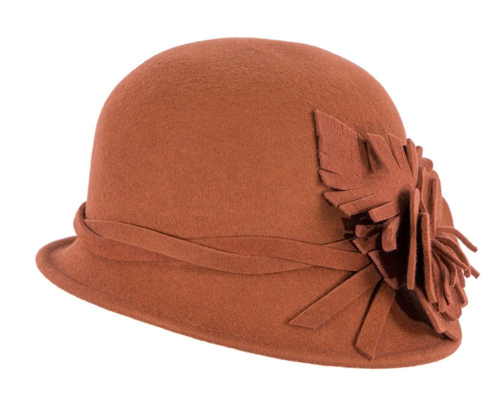 Rust felt winter hat with flower by Max Alexander