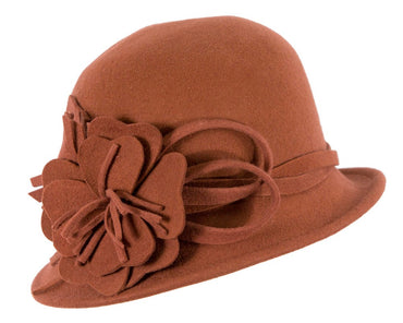 Rust felt winter hat with flower by Max Alexander
