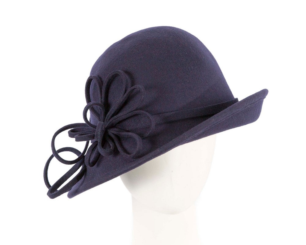 Navy felt winter hat with flower by Max Alexander