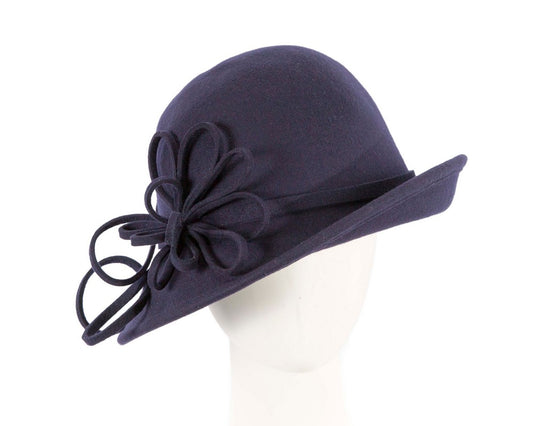 Navy felt winter hat with flower by Max Alexander