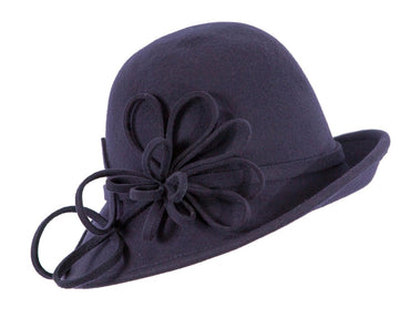 Navy felt winter hat with flower by Max Alexander