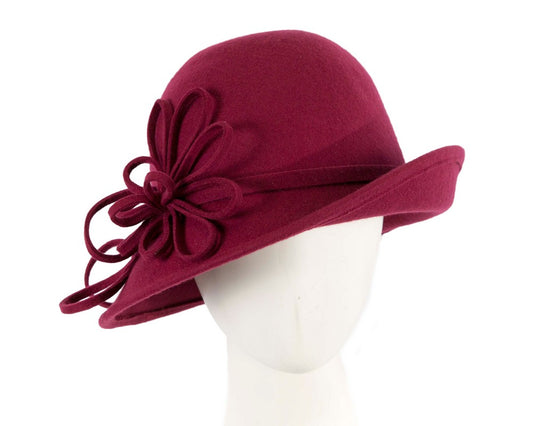 Burgundy felt winter hat with flower by Max Alexander J439-0