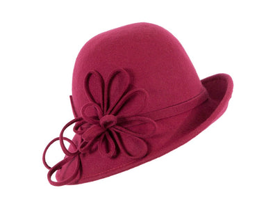 Burgundy felt winter hat with flower by Max Alexander J439-1