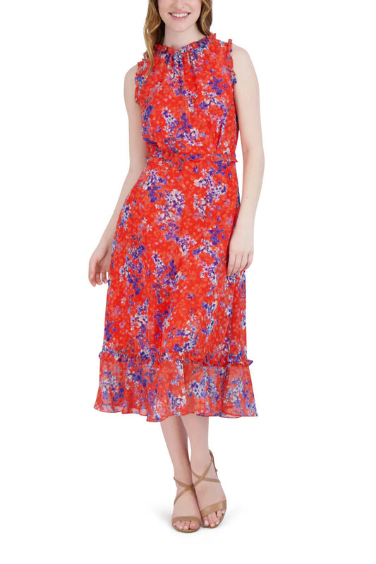 Julia Jordan Ruffle Neck Sleeveless Hem Midi Fit & Flare Back Zipper Dress-0