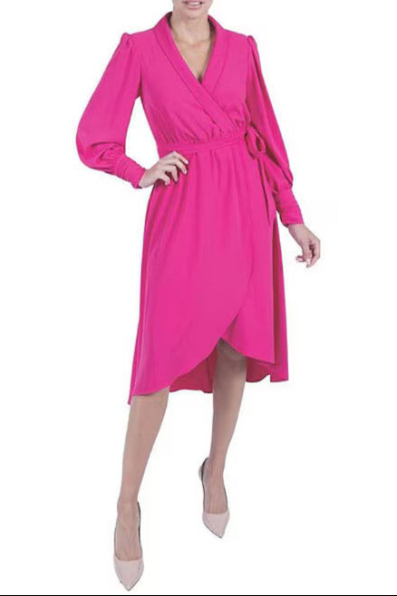 Julia Jordan Surplice Lapel V-Neckline Cuffed Long Sleeve Side Tie Closure Wrap Hem Crepe Dress-0