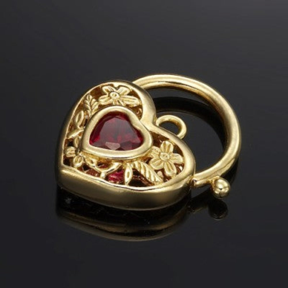 18ct Heavy Yellow Gold Plated Simulated Ruby Filigree Heart Locket - USA Made-3