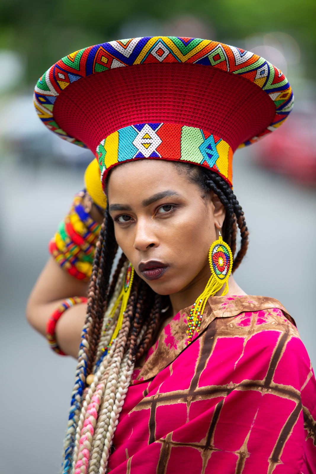 Zulu Wide Basket Hat - Red with Beaded Bands | Handmade in South Africa