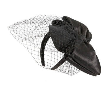 Black satin fascinator with big bow & veil by Max Alexander