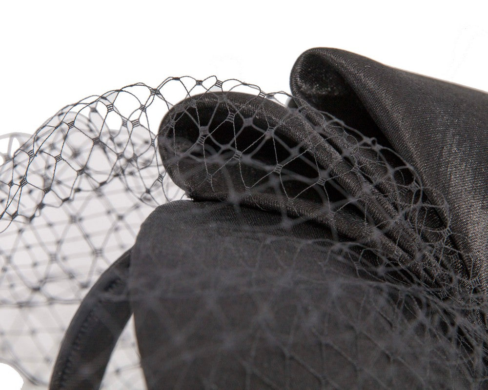 Black satin fascinator with big bow & veil by Max Alexander
