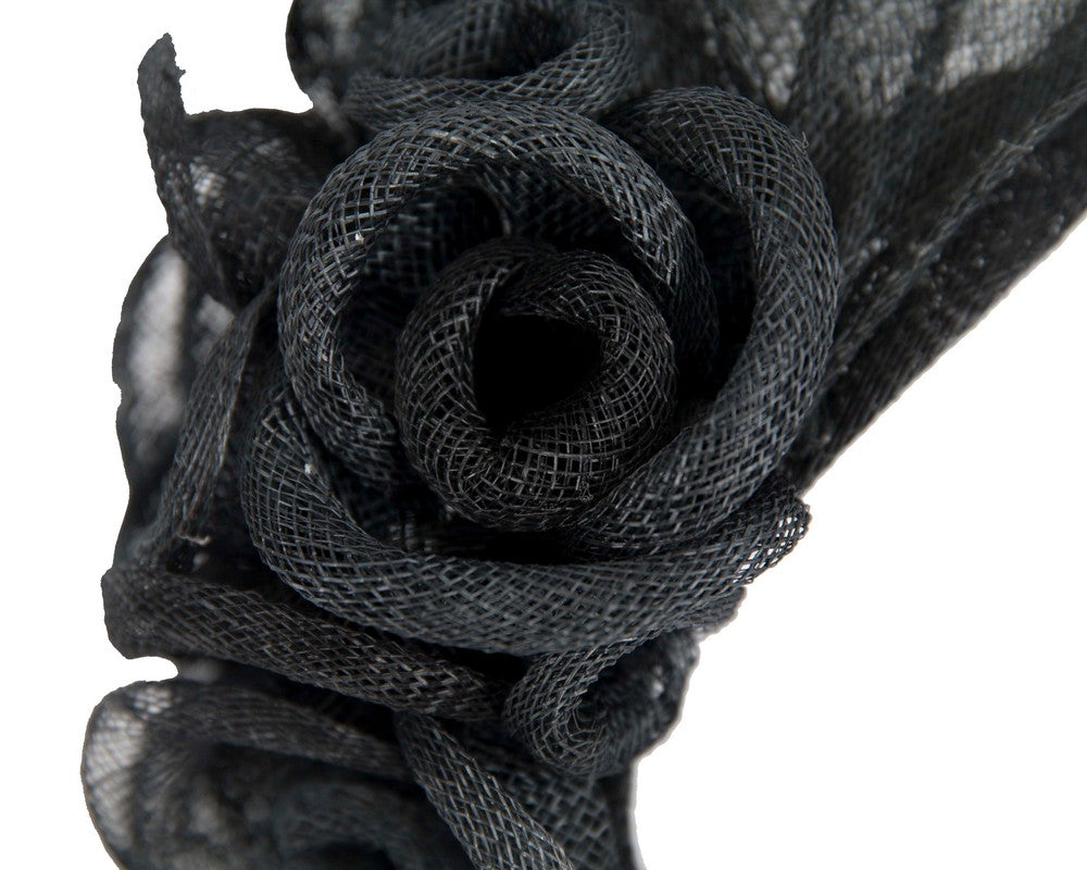 Large black sinamay flower fascinator by Max Alexander