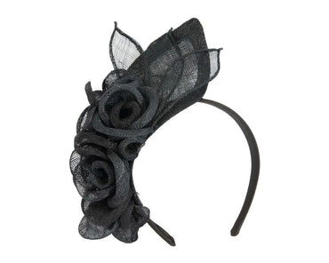 Large black sinamay flower fascinator by Max Alexander