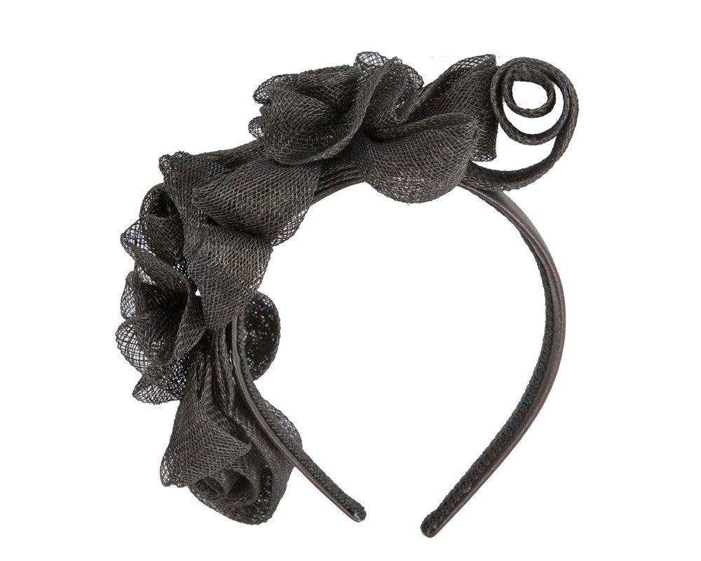 Black curly sinamay fascinator by Max Alexander