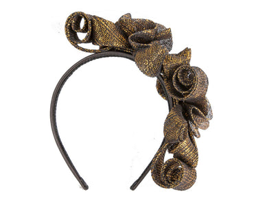 Black & gold curly sinamay fascinator by Max Alexander