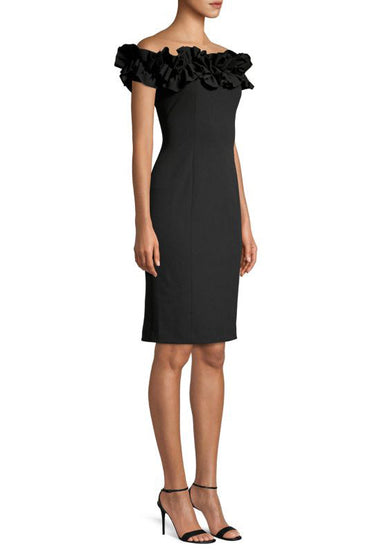 Aidan Mattox Crepe Floral Trim Neckline Stretch Floral Off-the-Shoulder Sheath Dress-1