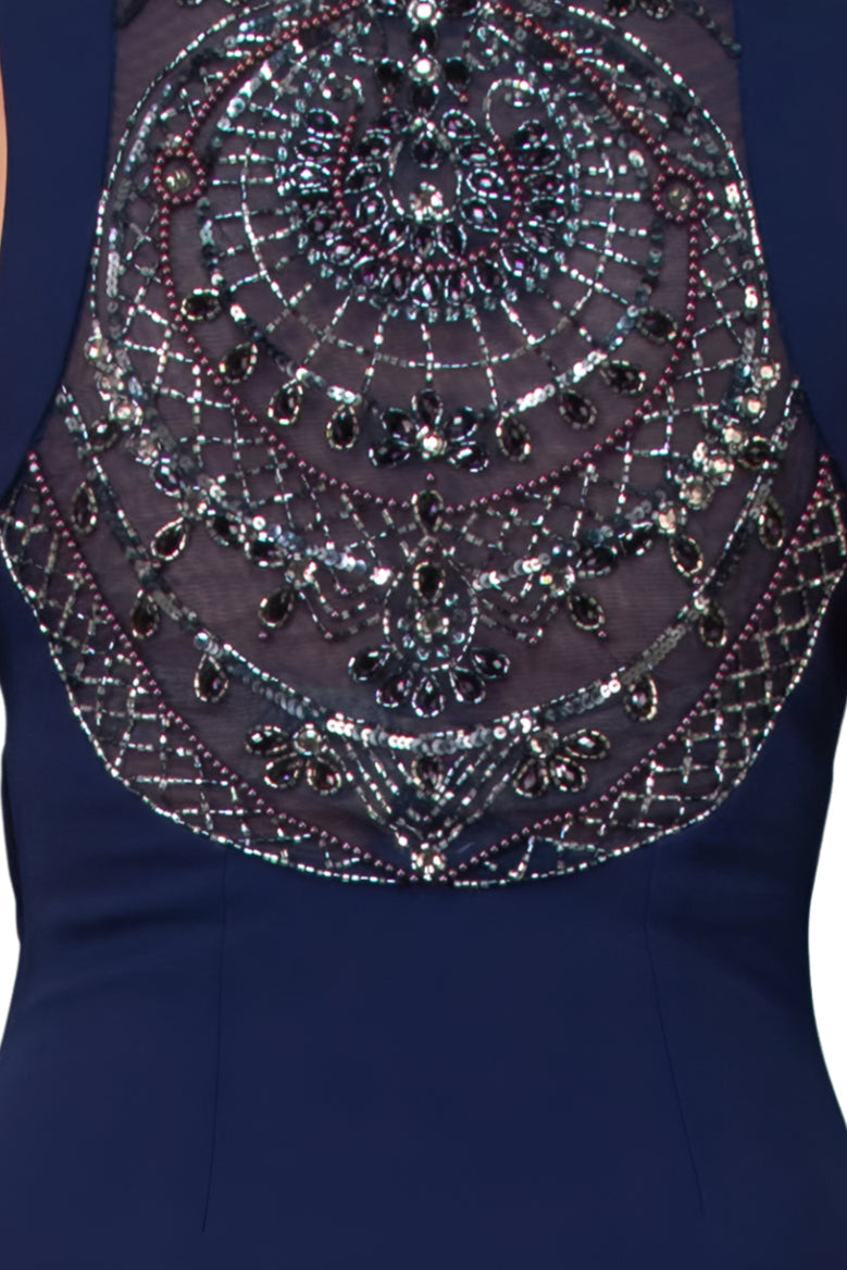 Aidan Mattox Keyhole Neck Sleeveless Beaded Sequin Rhinestone Back Keyhole Front Zipper Side Stretch Crepe Dress-4