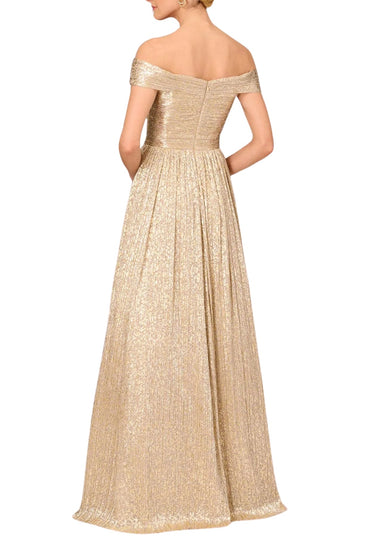 Aidan Mattox Off The Shoulder Metallic Foiled Pleated Mesh Long A-Line Ball Gown Dress-1