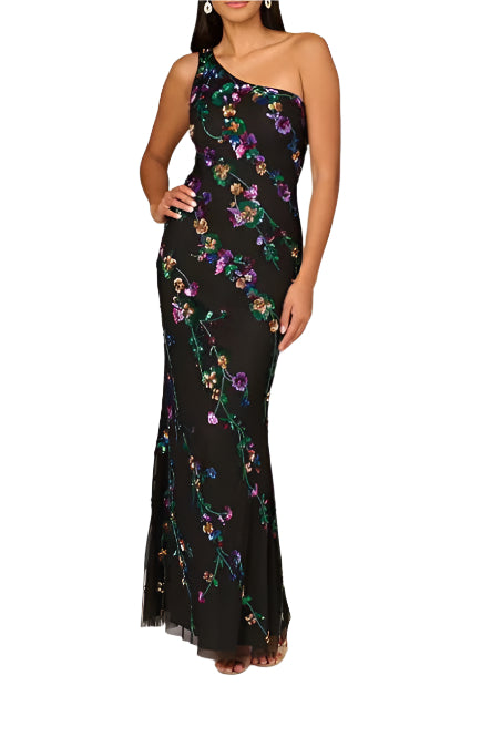 Aidan Mattox Beaded Mesh One Shoulder Sleeveless Mermaid Gown-0