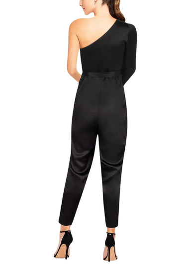 Aidan by Aidan Mattox Asymmetrical Shoulder Slit Long Sleeve Tie Side Functional Pocket Concealed Zipper Side Satin Jumpsuit-1