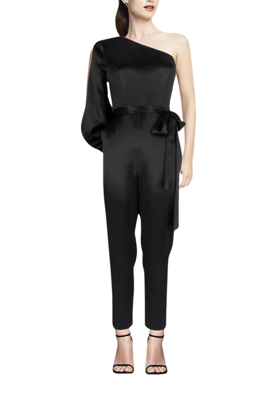 Aidan by Aidan Mattox Asymmetrical Shoulder Slit Long Sleeve Tie Side Functional Pocket Concealed Zipper Side Satin Jumpsuit-0