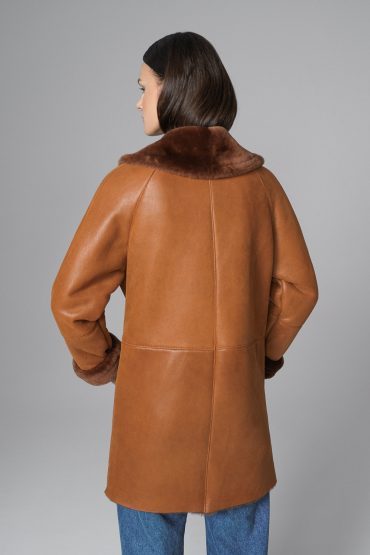 Cognac Lambskin Midi Coat with Merino Fur Collar