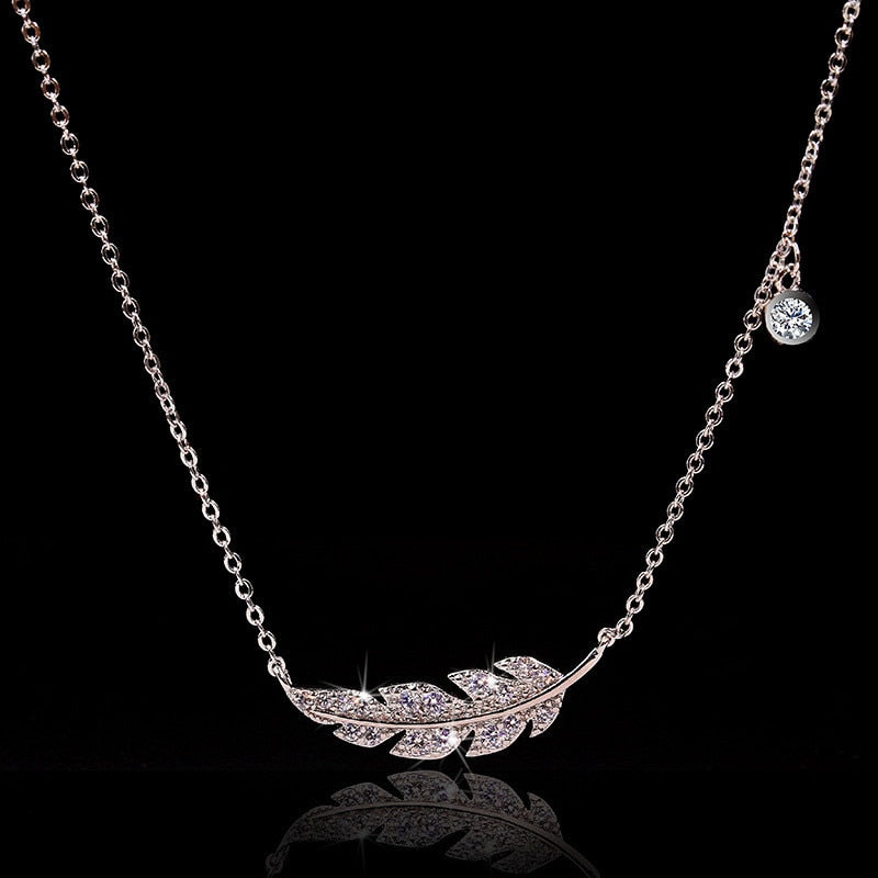 Designer Stainless Steel Simulated Diamond Feather Necklace in Silver-0