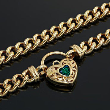 18ct Heavy Yellow Gold Plated Euro Chain Necklace with a Green Filigree Locket - USA Made-1