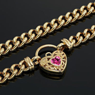 18ct Heavy Yellow Gold Plated Euro Chain Necklace with a Pink Filigree Locket - USA Made-1