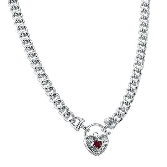 925 Sterling Silver Plated Euro Chain Necklace with a Filigree Locket Featuring a Simulated Ruby - USA Made-0