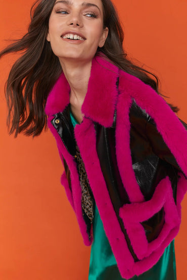 Black Pink Faux Leather with Faux Fur Trim Aviator Jacket-1