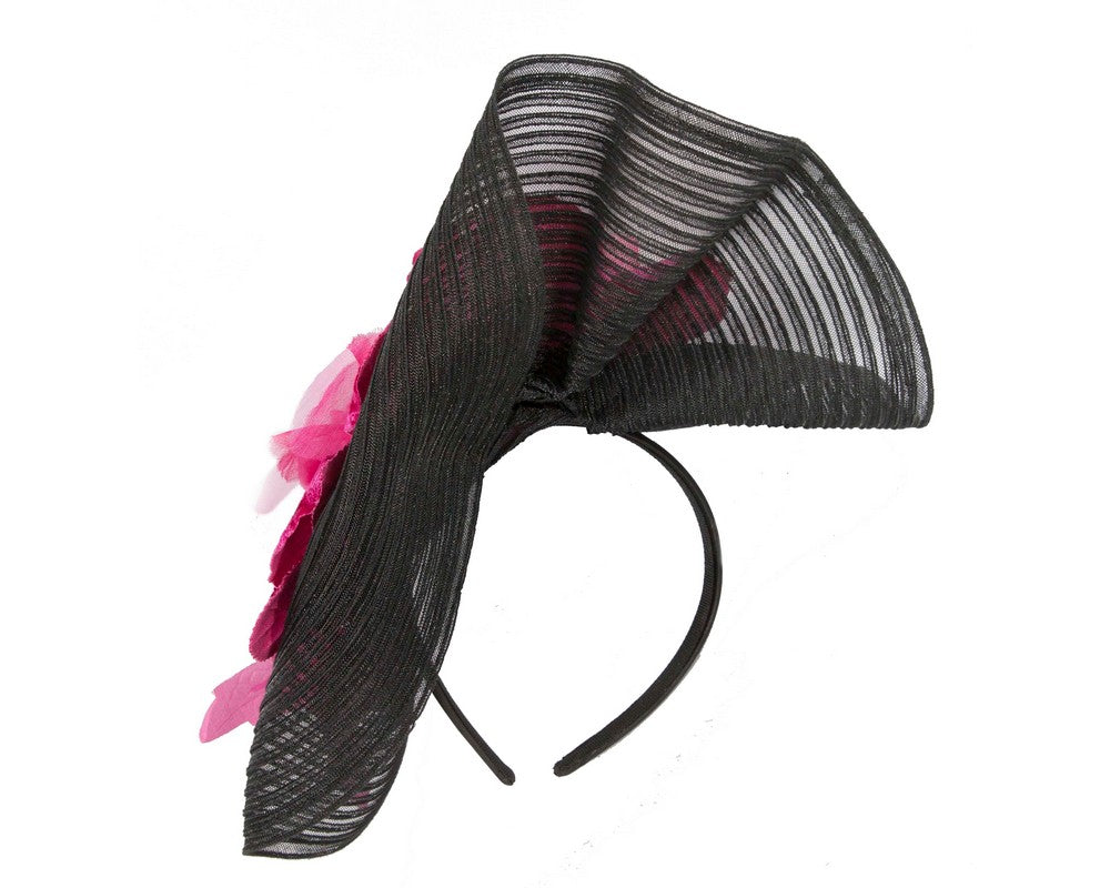 Large black & fuchsia racing fascinator with flowers by Fillies Collection