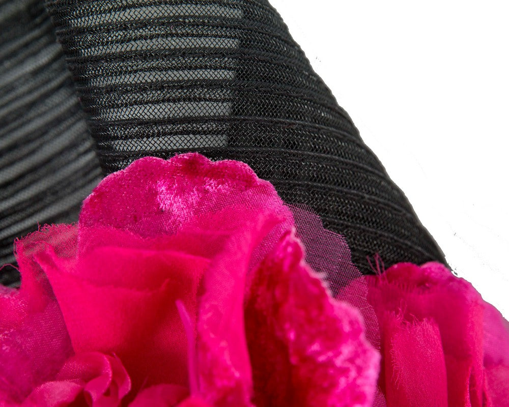 Large black & fuchsia racing fascinator with flowers by Fillies Collection