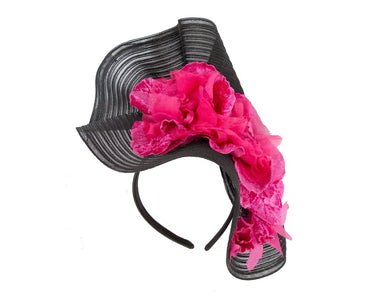 Large black & fuchsia racing fascinator with flowers by Fillies Collection