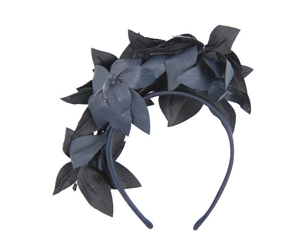Navy leather flower headband fascinator by Fillies Collection