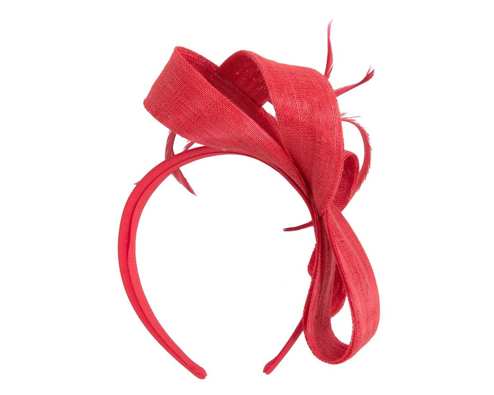 Red abaca loops and feathers racing fascinator by Fillies Collection