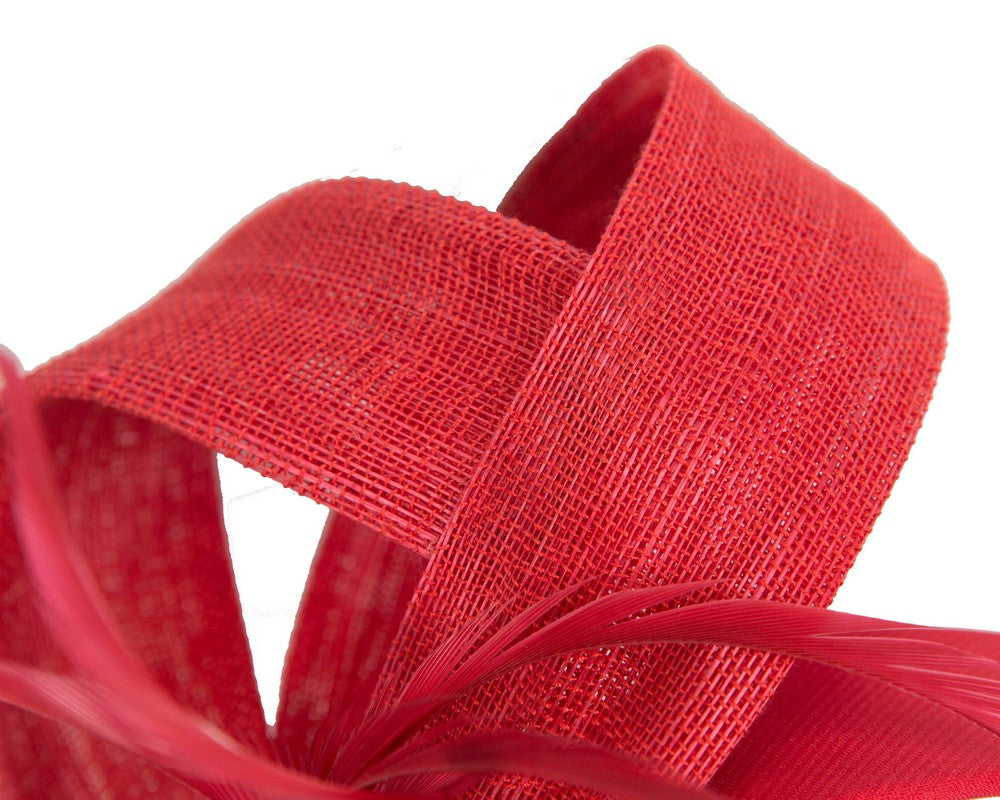 Red abaca loops and feathers racing fascinator by Fillies Collection