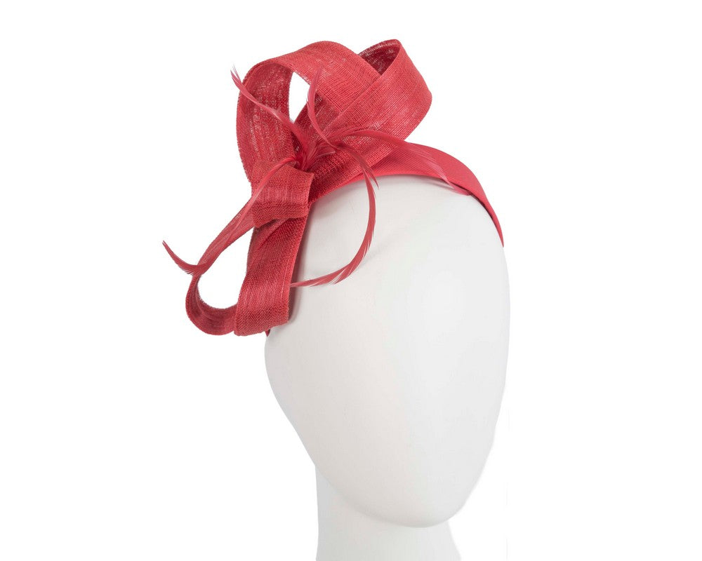 Red abaca loops and feathers racing fascinator by Fillies Collection