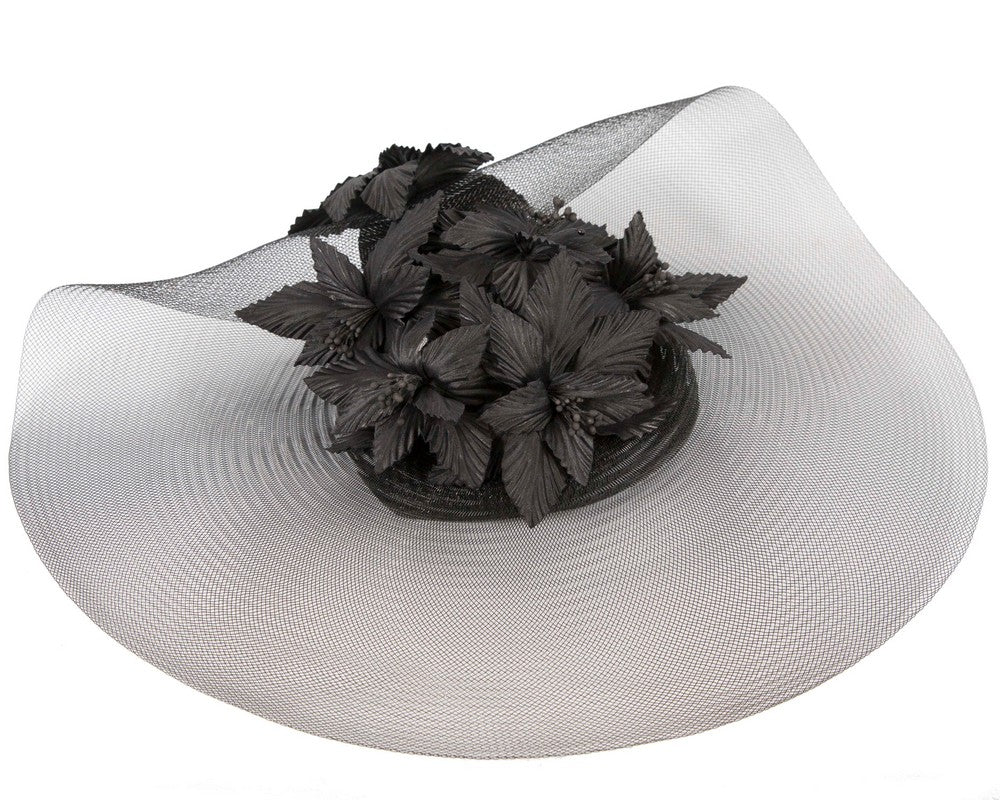 Wide brim black fascinator hat by Fillies Collection