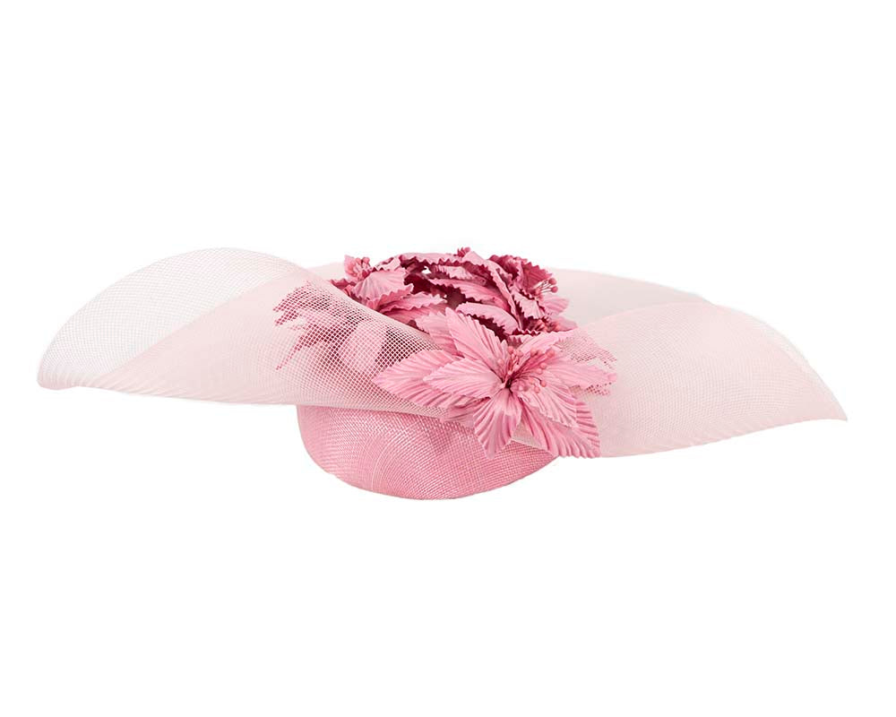 Wide brim dusty pink fascinator hat by Fillies Collection
