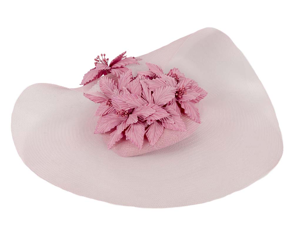 Wide brim dusty pink fascinator hat by Fillies Collection