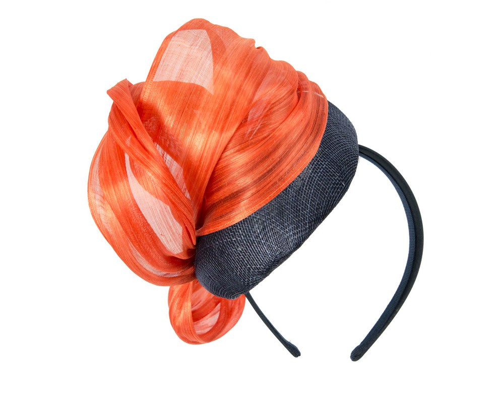 Navy pillbox fascinator with orange silk abaca bow by Fillies Collection