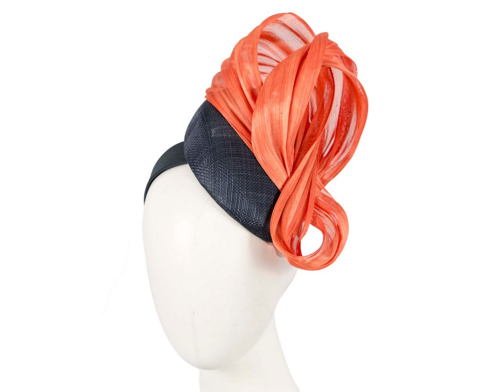 Navy pillbox fascinator with orange silk abaca bow by Fillies Collection
