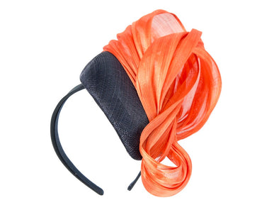 Navy pillbox fascinator with orange silk abaca bow by Fillies Collection