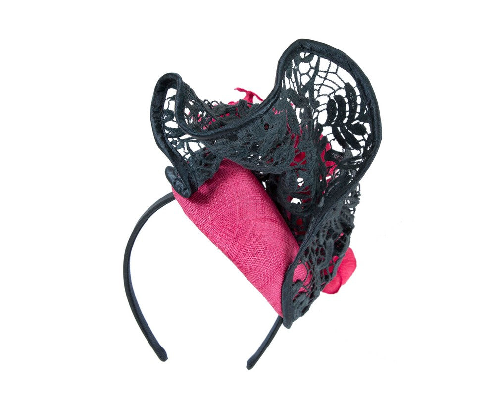 Fuchsia & navy lace covered pillbox fascinator