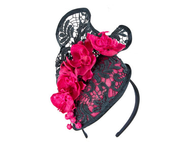 Fuchsia & navy lace covered pillbox fascinator