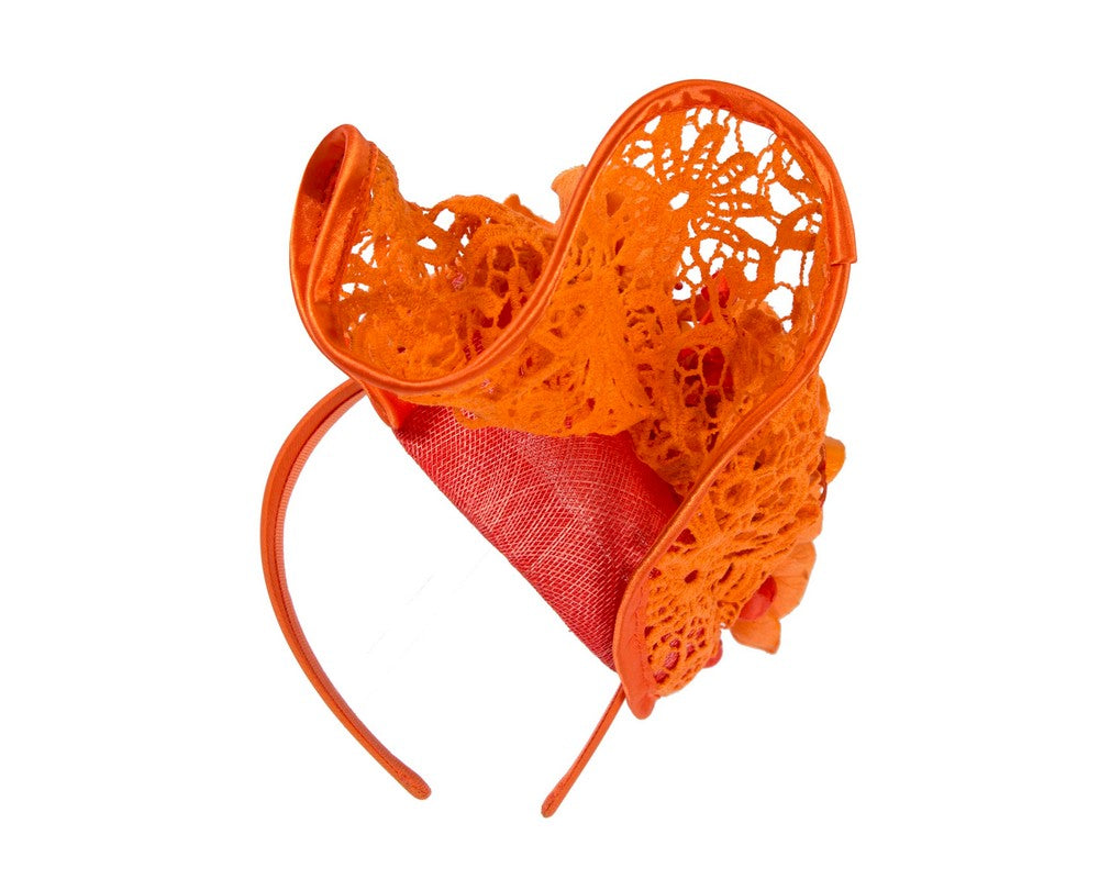 Orange lace covered pillbox fascinator
